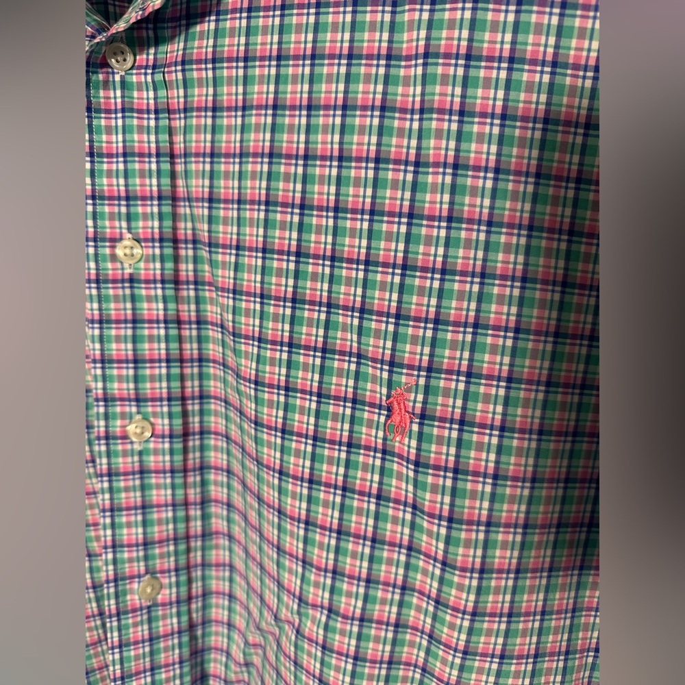 Ralph Lauren Polo 100% Cotton Stretch XLT Blue Pink Green White Plaid Shirt